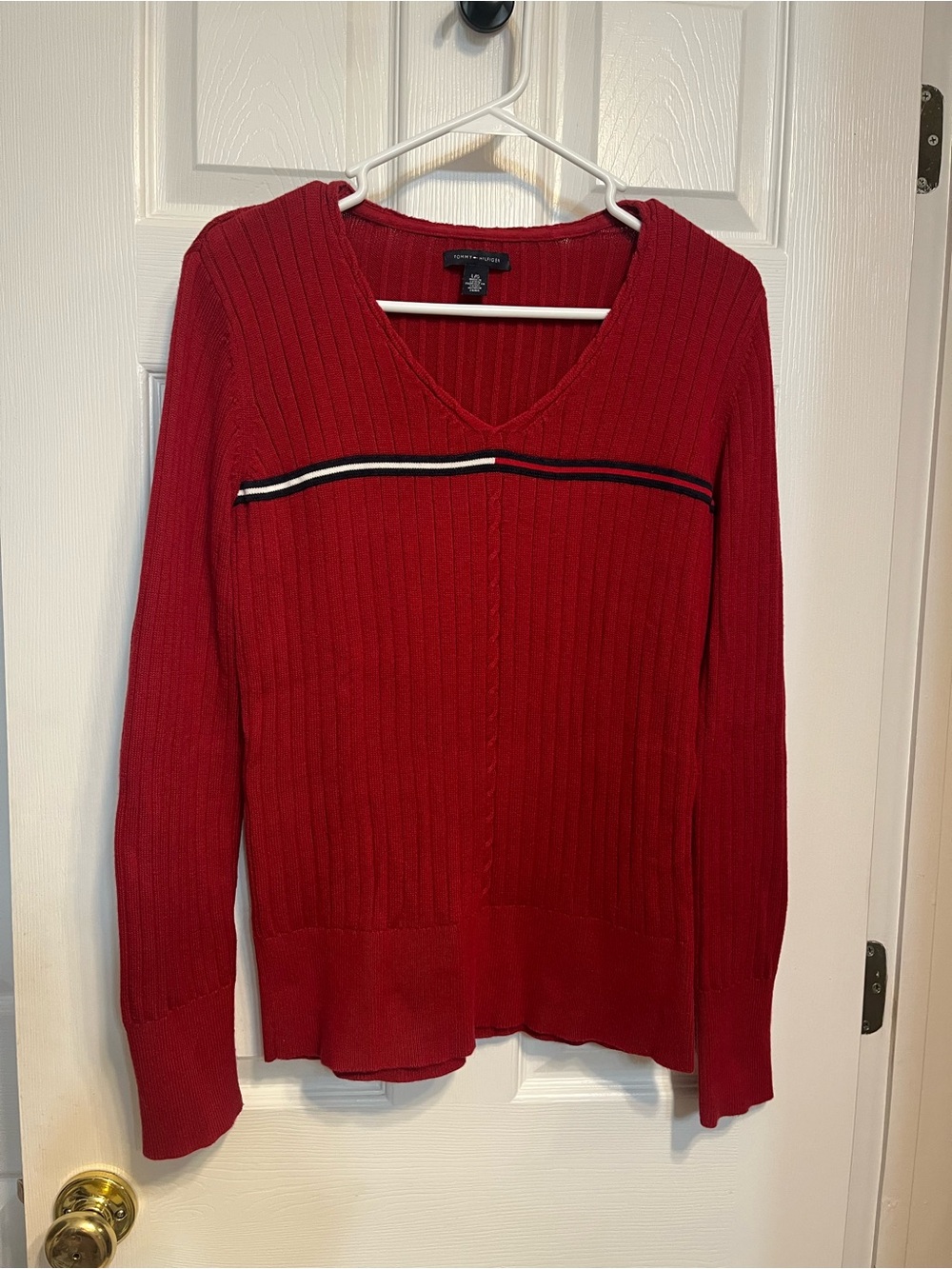 Tommy Hilfiger Red V-Neck Ribbed Sweater with Contrast Stripe Medium
